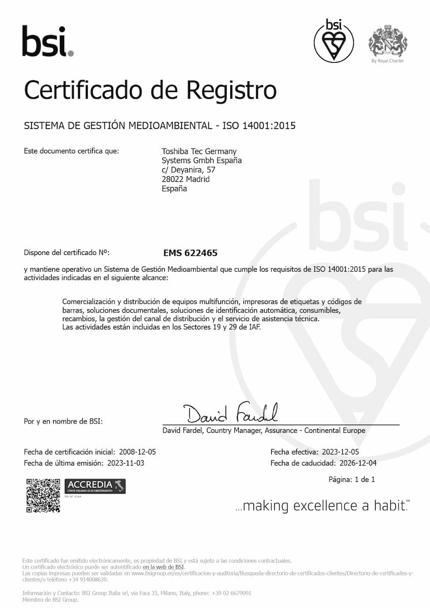 certificado iso 14001:2015 toshiba